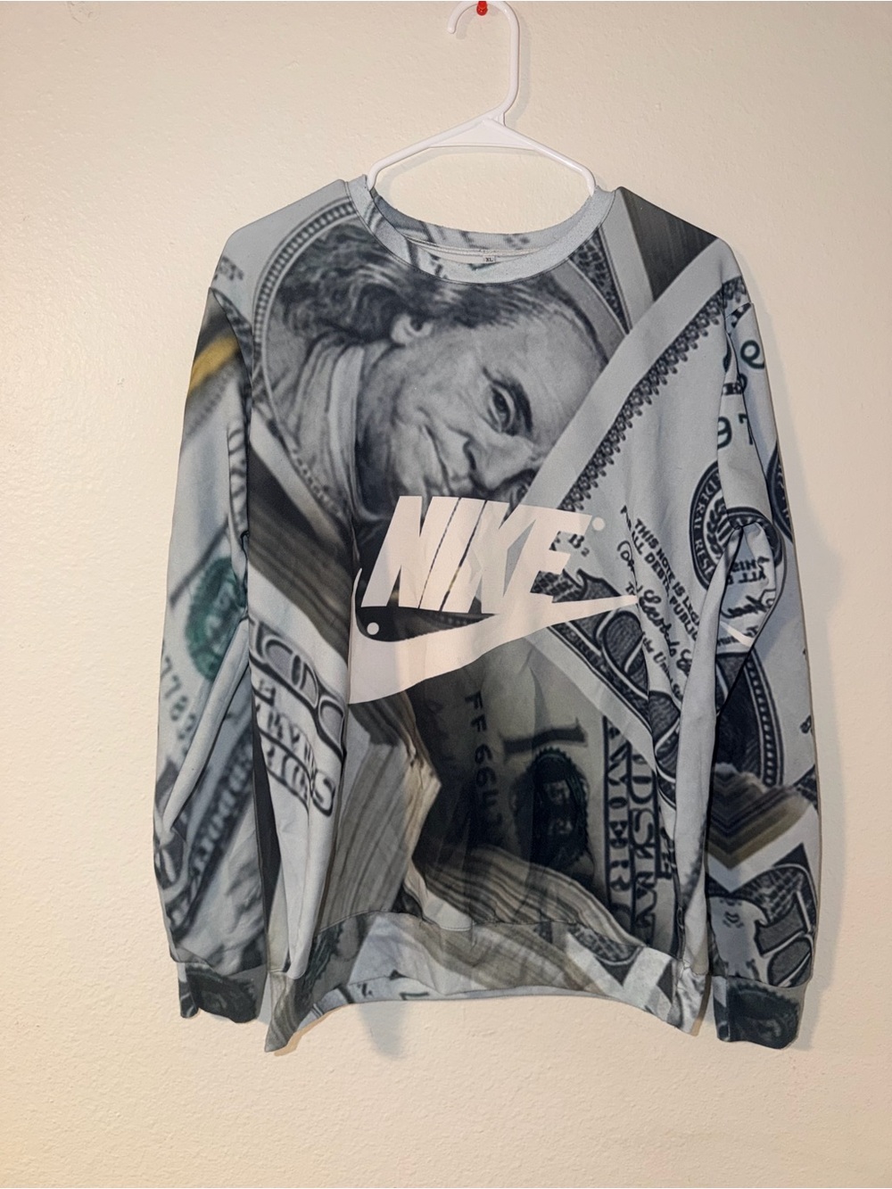 SHEIN Gray and White Money Print Crewneck Sweatshirt